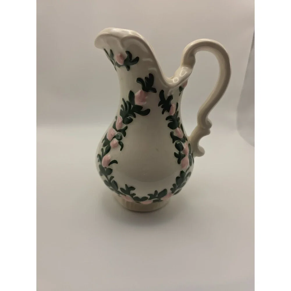 VTG Stoneware Pitcher 1970, 7” Pink Green Hand Painted